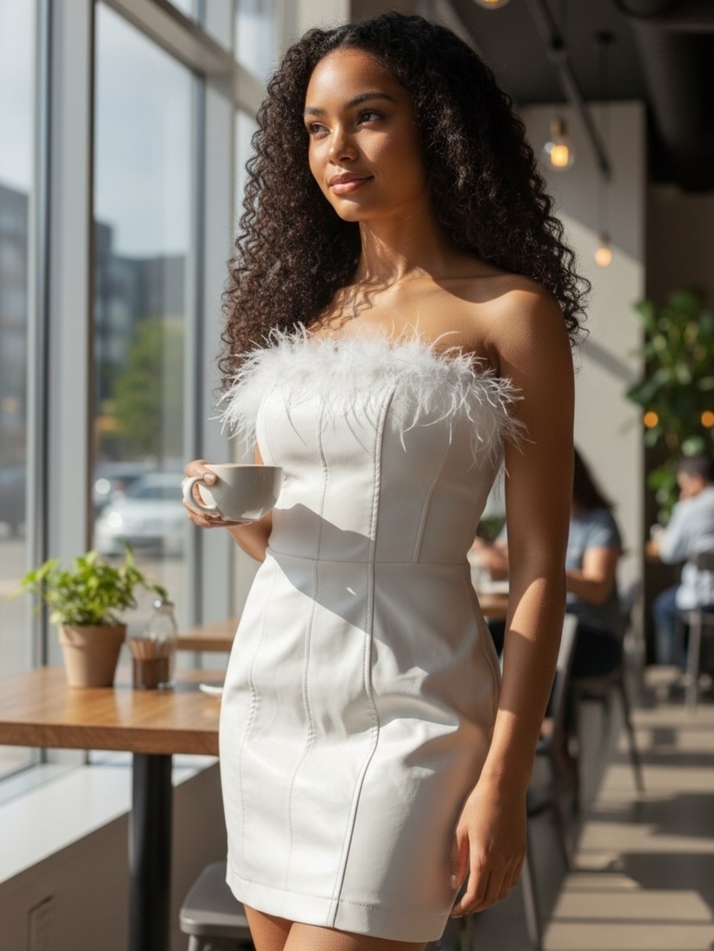 Strapless White Feather-Trim‎ Mini Dress